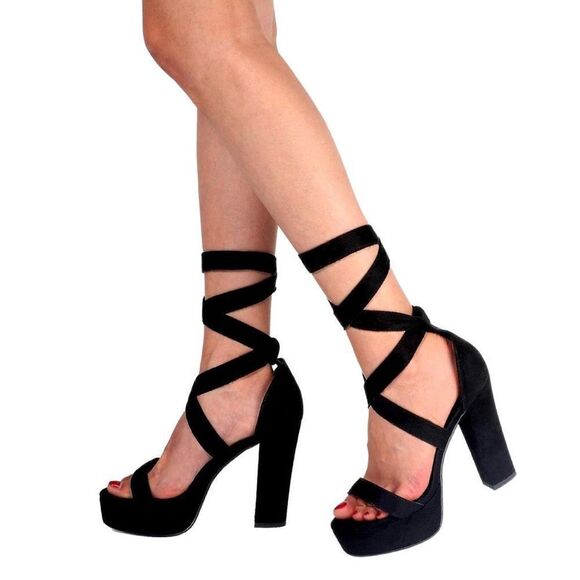 IDIFU Sabrina 5” Chunky Platform Heels, Ankle Tie Strap, Faux Suede, Size 6 - Picture 2 of 10